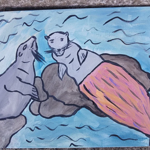 Sea Lions Mermaid Painting Folk Art - Picture 4 of 14